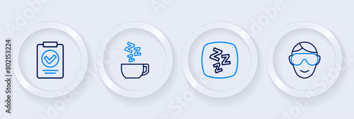 Set line Eye sleep mask, Sleepy, Chamomile tea and Medical prescription icon. Vector