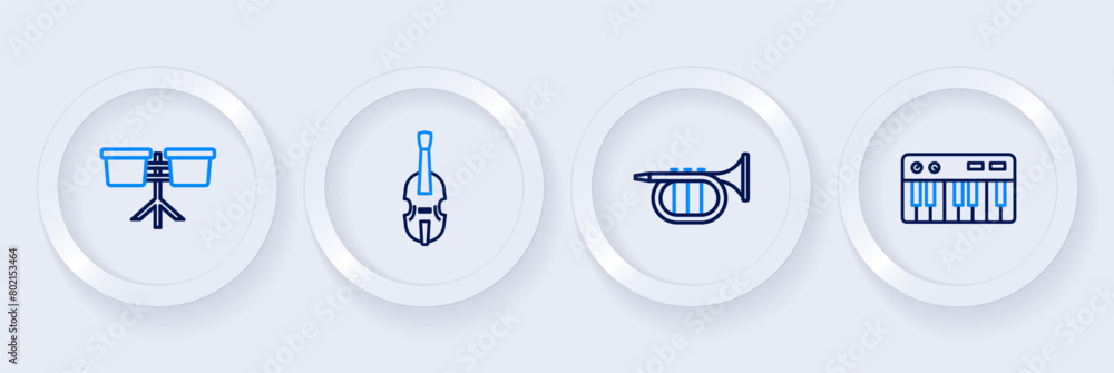 Set line Music synthesizer, Trumpet, Violin and Bongo drum icon. Vector Set line Music synthesizer, Trumpet, Violin and Bongo drum icon. Vector