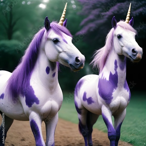Purple  pink and white unicorns standing in a natural setting 
