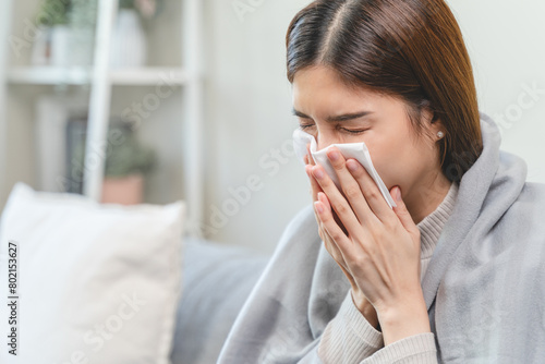Female unhealthy Sickness, asian young woman, girl unwell and coughing, have cold, sore throat isolated white background suffering with symptom cough feeling bad. Healthcare of Coronavirus, covid-19.