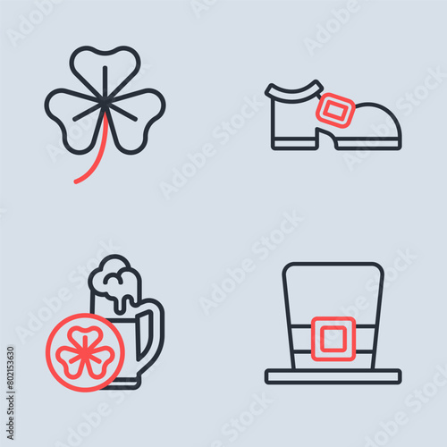 Set line Leprechaun boot, Glass of beer, hat and Clover trefoil leaf icon. Vector