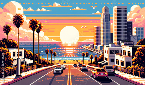 beautiful road side view sunset in the beach retro pixel art illustration photo