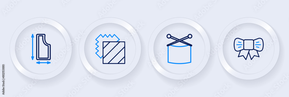 Set line Gift bow, Knitting needles, Layers clothing textile and Sewing pattern icon. Vector Set line Gift bow, Knitting needles, Layers clothing textile and Sewing pattern icon. Vector