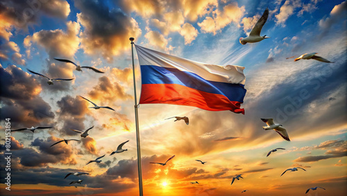 Russian flag at sunset photo