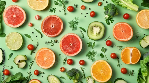 Background of colorful fruits, vegetables, and herbs, suitable for online shopping platforms or delivery services specializing in nutritious food options.