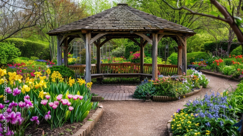 Picturesque wooden seating area in a botanical garden, surrounded by colorful blooms and fragrant blossoms.