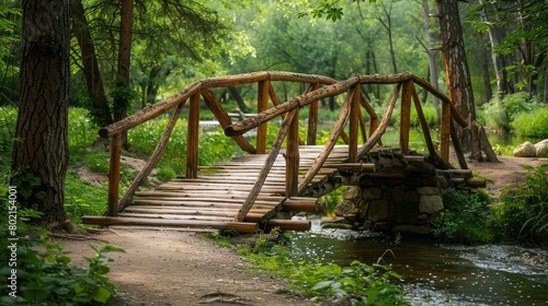 Rustic wooden bridge arching over a babbling brook  leading to a secluded pathway in the countryside.