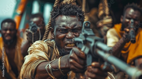 A chilling spectacle unfolds as African pirates, armed and fearsome, shout demands aboard a captured ship, their anger palpable.