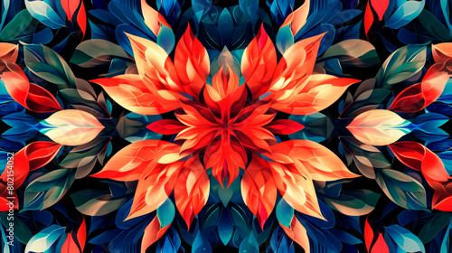 Abstract seamless floral symmetry pattern with flowers and leaves.