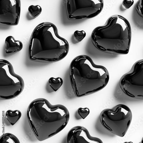 Black glossy hearts on white background seamless pattern.