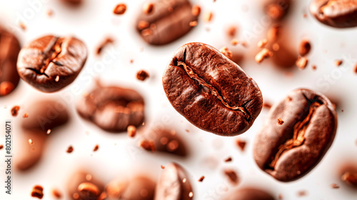 Roasted coffee beans levitate on a white background close-up.