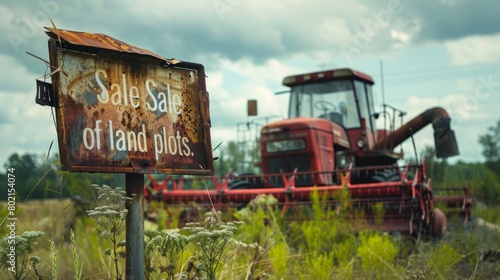 In a neglected agricultural field, an old tractor lies abandoned. The land, previously owned by bankrupt farmers, is now open for sale to potential buyers looking for new opportunities. photo