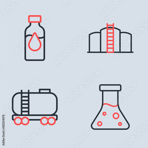 Set line Oil tank storage, railway cistern, petrol test tube and icon. Vector