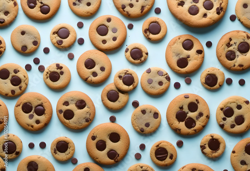 An array of freshly baked chocolate chip cookies scattered with extra chocolate chips on a light blue background. Cookie Day.