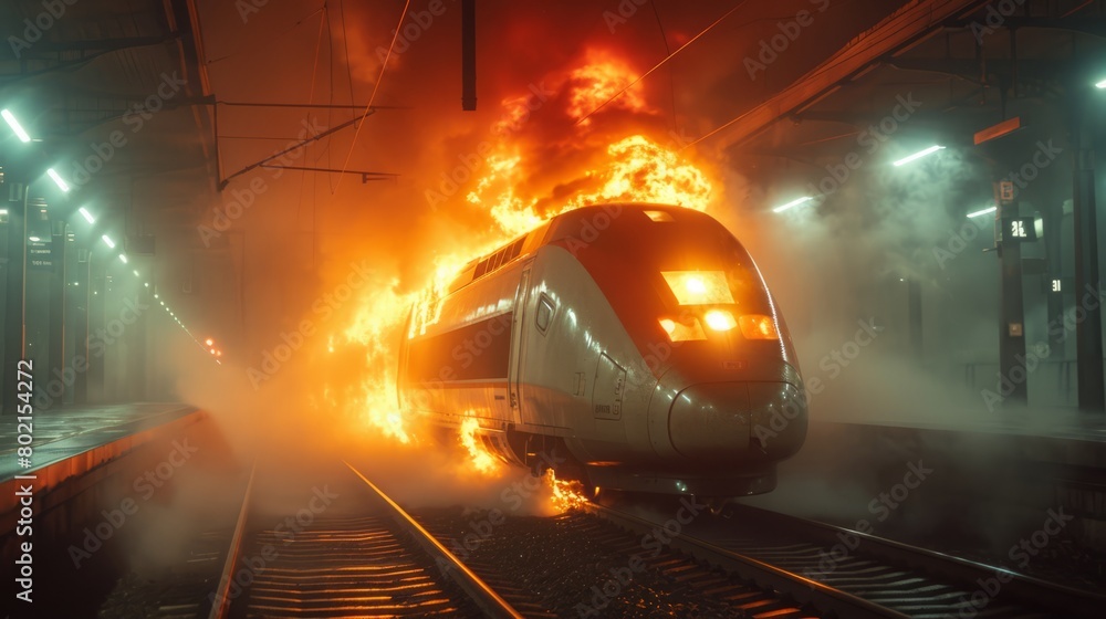Obraz premium The train engine engulfed in flames, a harrowing sight on the platform of the train station, a disaster that sends shockwaves through the world of passenger travel.