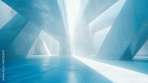 Blue abstract empty hall in featuring architectural forms in a minimalist layout. Modern exhibition gallery.