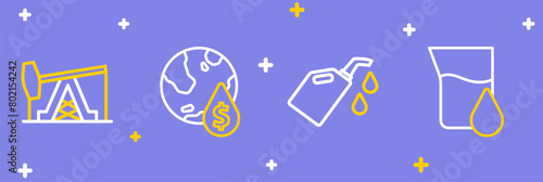 Set line Oil petrol test tube, Canister for motor machine oil, drop with dollar symbol and pump pump jack icon. Vector