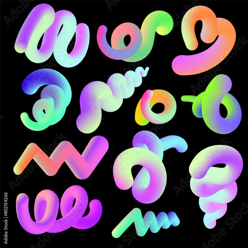 Abstract fluid shapes set with bright Gradient blend line.Creative design elements.Trendy voluminous creative liquid colorful shapes on black backgrounds.Vector Abstract colorful twisted liquid shapes