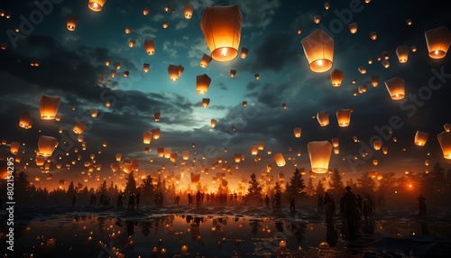 Inspiring stock photo of a lantern festival, with countless lanterns floating upwards into the night sky, representing the lifting power of light and love photo