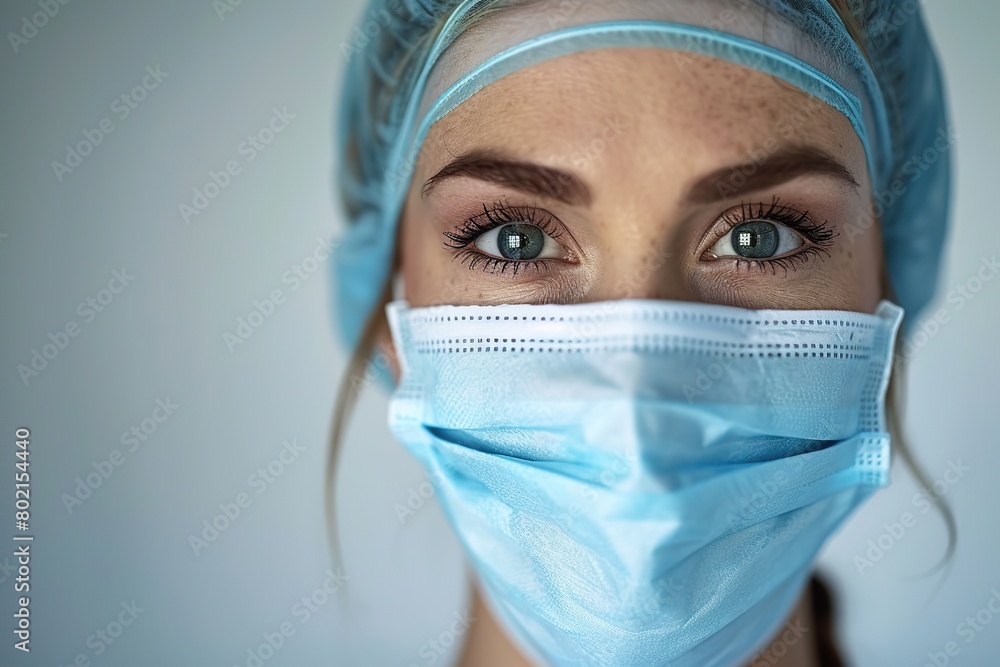 Close up portrait of pretty confident female doctor or scientist wearing medical protective facial mask over grey background. Eye of young woman physician. Medicine, profession and healthcare concept Close up portrait of pretty confident female doctor or scientist wearing medical protective facial mask over grey background. Eye of young woman physician. Medicine, profession and healthcare concept