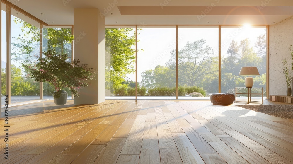 Fototapeta premium Natural light flooding into a room with wide-plank wooden flooring, creating a bright and airy atmosphere.