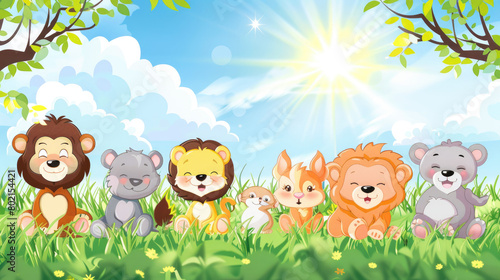 a children, fable style happy baby lion, happy baby wolf, happy baby monkey, happy baby elephant, happy baby fox and shining open blue sky above them, sitting on green grass1 photo