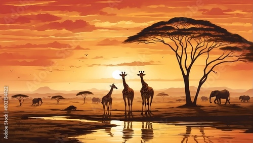 beautiful landscape of african sunset with silhouettes of giraffes and elephants. design for banner, poster, social media, web. generative ai