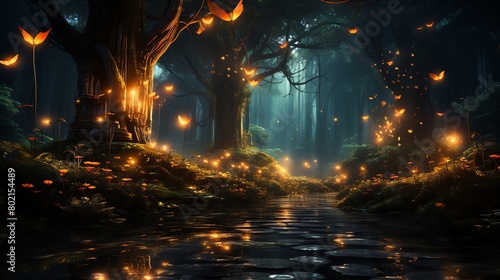 Magical stock image of a forest path illuminated by glowing fireflies at twilight  creating a fairytale setting of light and the enchantment of love