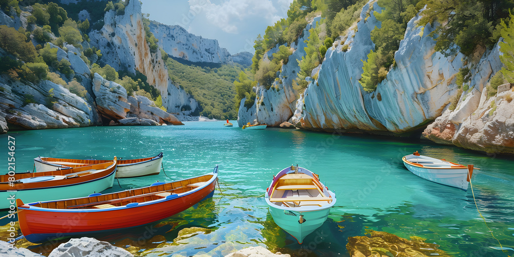 The stunning sea cliffs and rock formations of  Coast provide a dramatic summer travel background with crystal clear water , colorful boats and breathtaking views