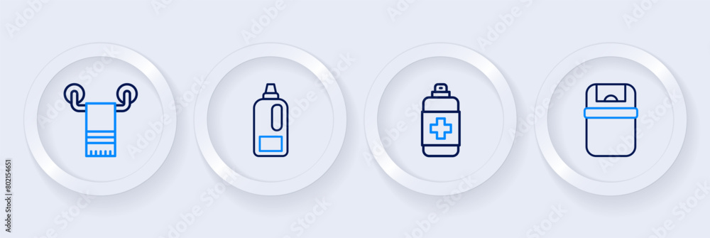 Set line Trash can, Antibacterial soap, Bottle for detergent and Towel on hanger icon. Vector Set line Trash can, Antibacterial soap, Bottle for detergent and Towel on hanger icon. Vector
