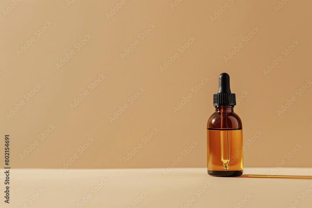 Dark amber glass bottle standing against wall with copy space. Natural skin care SPA beauty product design. Mineral organic oil cosmetics on beige background. Mock-Up. Oily pipette. Face and body care