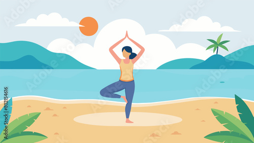 A person doing yoga poses on a beach with the caption Mindfulness brings balance to our thoughts and bodies.. Vector illustration