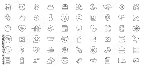 Veterinary, pet, vet, pet shop, dog care, training, cat, food line icons set collection. Outline icon collection. Pets line icons. Lovely animals icon pack. Vaccine, pet care, and dog paw. photo