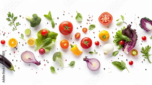 Colorful selection of airborne fresh vegetables on a white background  emphasizing the freshness and vitality of nature s harvest.