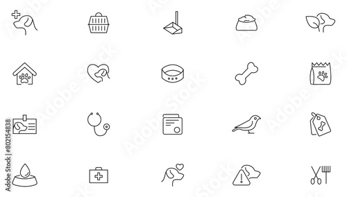 Veterinary, pet, vet, pet shop, dog care, training, cat, food line icons set collection. Outline icon collection. Pets line icons. Lovely animals icon pack. Vaccine, pet care, and dog paw.