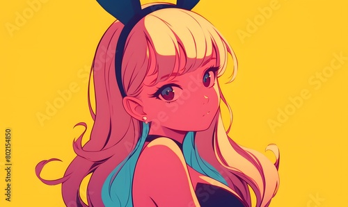 anime style. Young woman dressed as a bunny girl on a simple one color background  Generative AI 