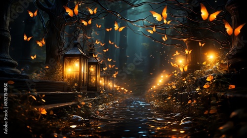 Magical stock image of a forest path illuminated by glowing fireflies at twilight, creating a fairytale setting of light and the enchantment of love © Nat