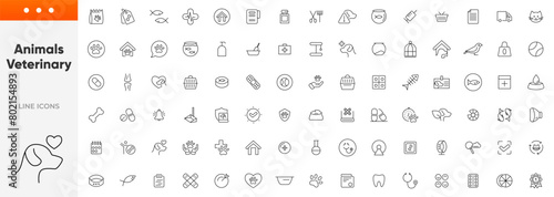 Veterinary, pet, vet, pet shop, dog care, training, cat, food line icons set collection. Outline icon collection. Pets line icons. Lovely animals icon pack. Vaccine, pet care, and dog paw.