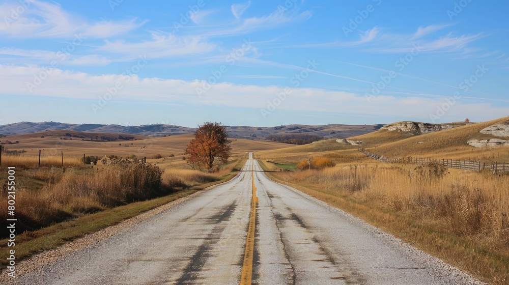 Empty country road stretching into the distance with scenic views of rolling hills and blue sky. Empty country road stretching into the distance with scenic views of rolling hills and blue sky.