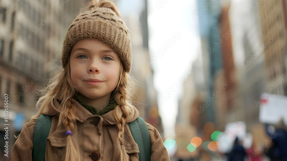 Activist young girl participating in Fridays for Future climate change protest in city streets. Concept Environmental Activism, Youth Empowerment, Climate Change Awareness, Protest Movement Activist young girl participating in Fridays for Future climate change protest in city streets. Concept Environmental Activism, Youth Empowerment, Climate Change Awareness, Protest Movement