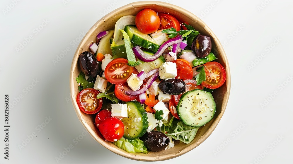 Delicious Greek salad served in a convenient paper bowl for take-away, captured from a top-down perspective against a white backdrop. Delicious Greek salad served in a convenient paper bowl for take-away, captured from a top-down perspective against a white backdrop.