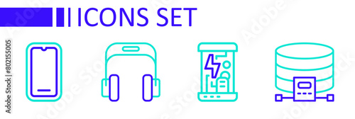 Set line Cloud database, Cryogenic capsules, Headphones and Mobile icon. Vector