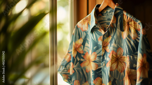 Hawaiian shirt for men with floral printed hanging by the window