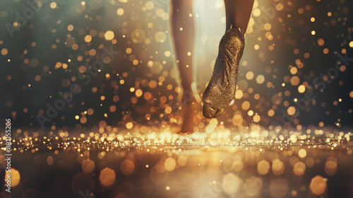 Gymnastics floor with sparkling gold particles floating gracefully against a softly blurred canvas, capturing the artistry and athleticism of gymnasts performing routines. photo