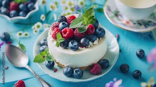 Tasty homemade blueberry cheesecake with ricotta cheese on teatime blue background. Generated AI
