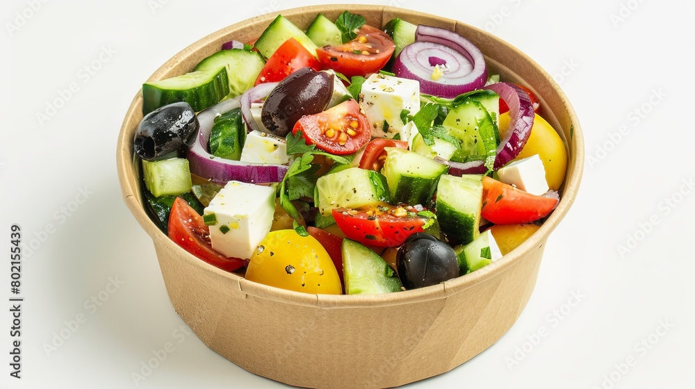 Fresh and vibrant Greek salad neatly arranged in a paper bowl, ready for take-away, showcased against a clean white background.