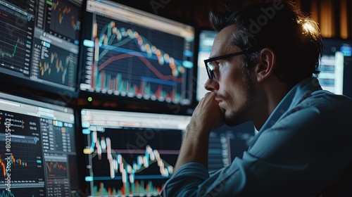 Financial analyst analyzing stock market graphs and trends on multiple screens, seeking lucrative investment opportunities. photo