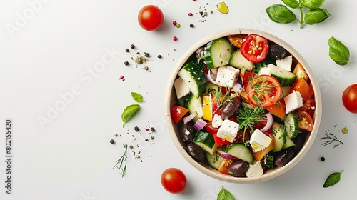 Fresh and colorful Greek salad packed in a paper bowl for easy take-away, displayed in a top-view layout against a simple white background.