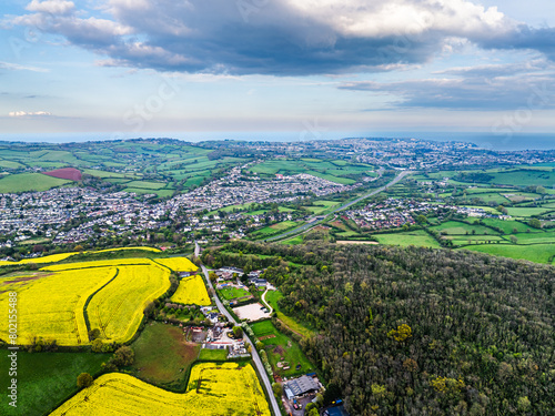 Rapeseed fields and farms from a drone, Torquay, Devon, England