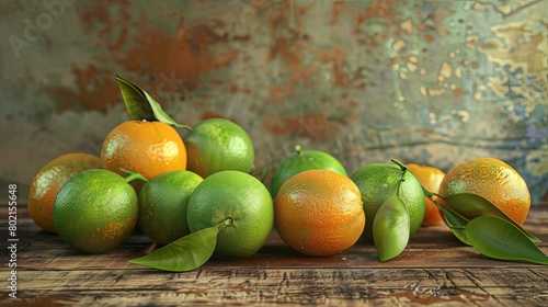 Fresh sweet green oranges arranged on a wooden table  inviting viewers to indulge in their natural sweetness.